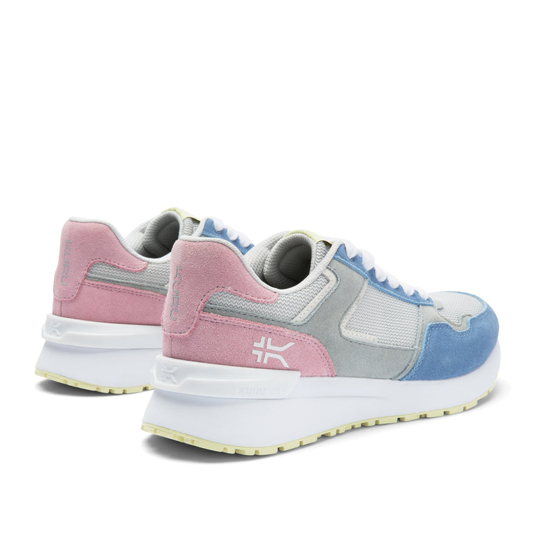 Close-up of the heel cup on the KURU APOGEE Unisex Sneaker in Dove Gray-Multi.