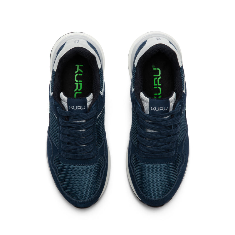 Top-down view of the KURU APOGEE Unisex Sneaker in Indigo-Bright White.
