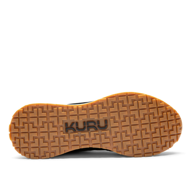Outsole view of the KURU APOGEE Unisex Sneaker in Jet Black-Buff Tan, showing the KURUSOLE tread.