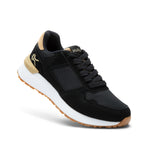 Angled profile view of the KURU APOGEE Unisex Sneaker in Jet Black-Buff Tan.