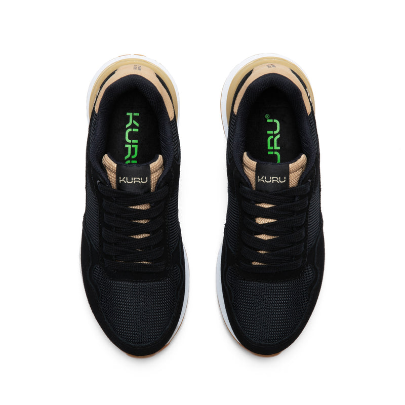 Top-down view of the KURU APOGEE Unisex Sneaker in Jet Black-Buff Tan.
