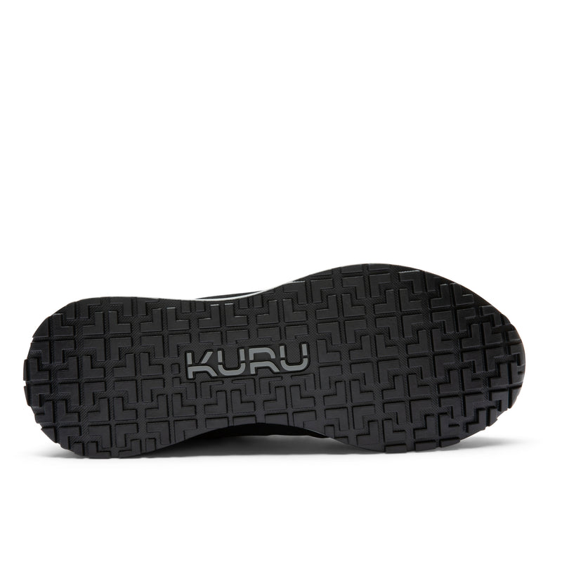Outsole view of the KURU APOGEE Unisex Sneaker in Jet Black-Storm Gray, showing the KURUSOLE tread.