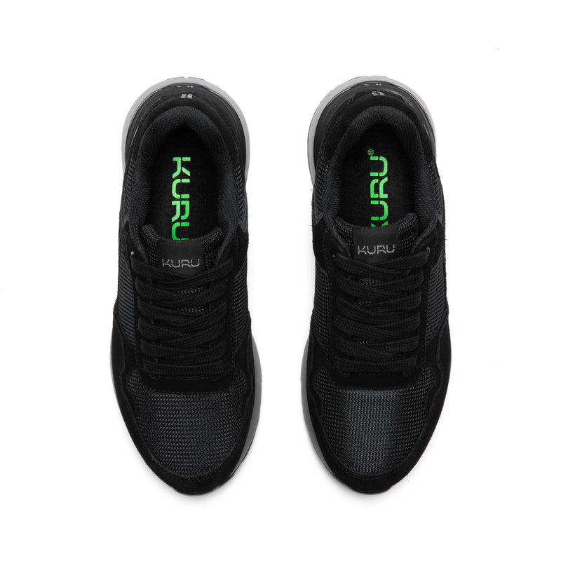 Top-down view of the KURU APOGEE Unisex Sneaker in Jet Black-Storm Gray.