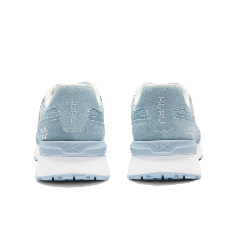 Back heel view of the KURU APOGEE Unisex Sneaker in Mist Blue-Bright White.