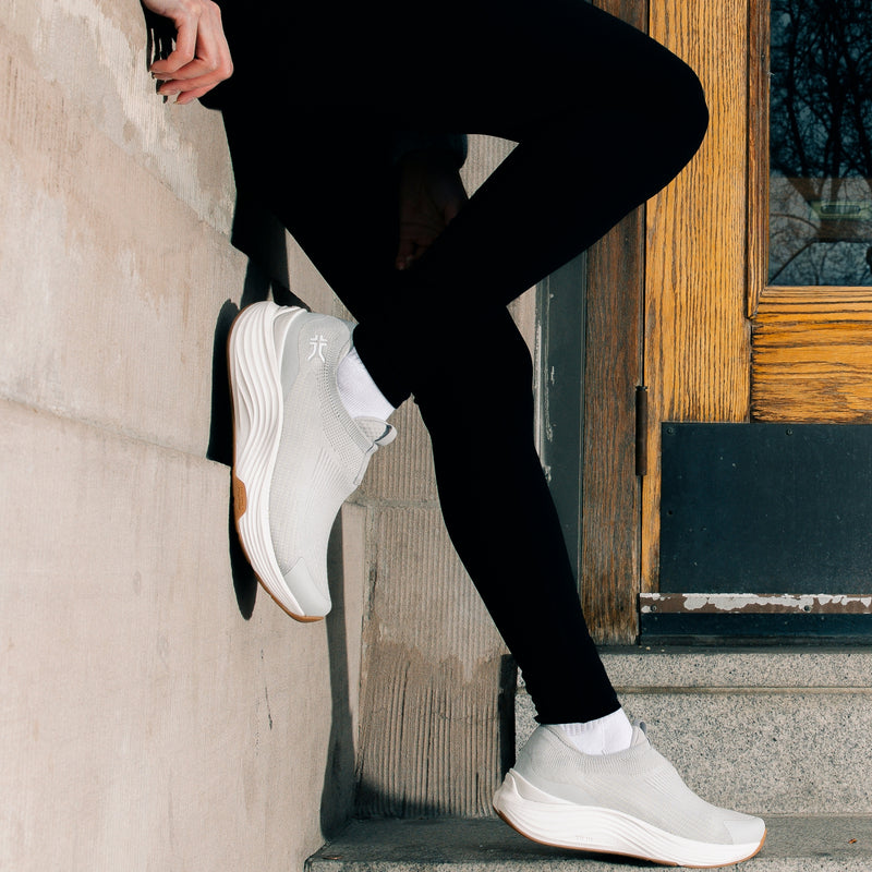 Back heel view of the KURU ATOM 2 Slip-On Women's Slip-On Sneaker in Dove Gray-Gum.