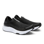 Pair of KURU ATOM 2 Slip-On Men's Slip-On Sneaker in Jet Black-Bright White, angled view.