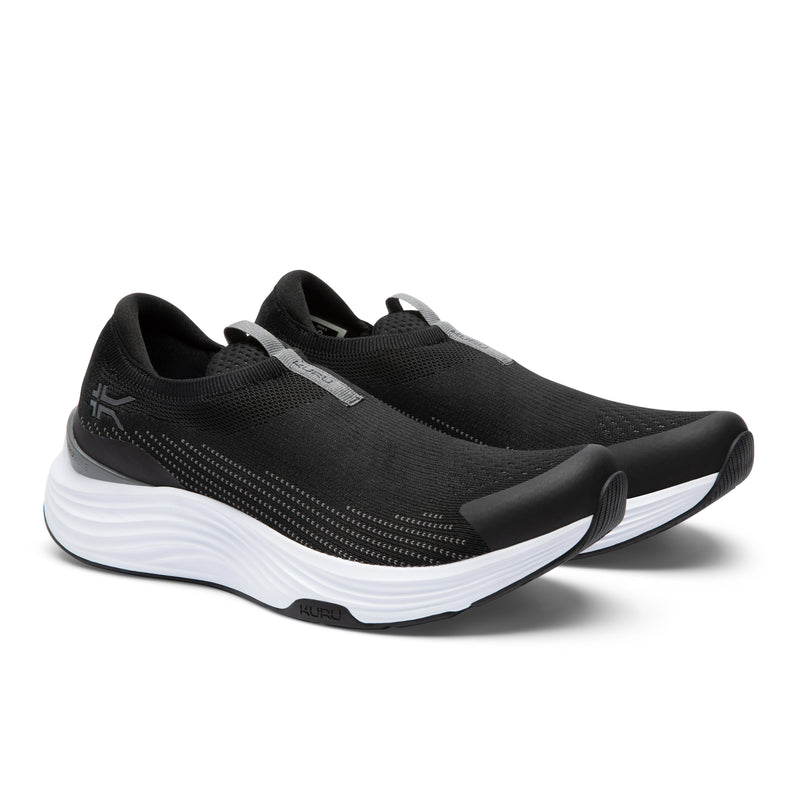 Pair of KURU ATOM 2 Slip-On Men's Slip-On Sneaker in Jet Black-Bright White, angled view.