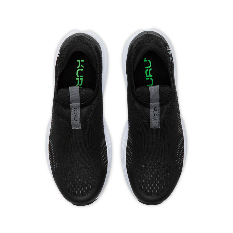 Top-down view of the KURU ATOM 2 Slip-On Men's Slip-On Sneaker in Jet Black-Bright White.