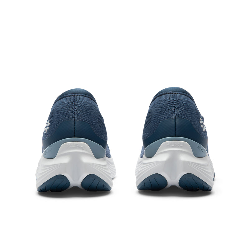 Back heel view of the KURU ATOM 2 Slip-On Men's Slip-On Sneaker in Mountain Blue-Dove Gray.