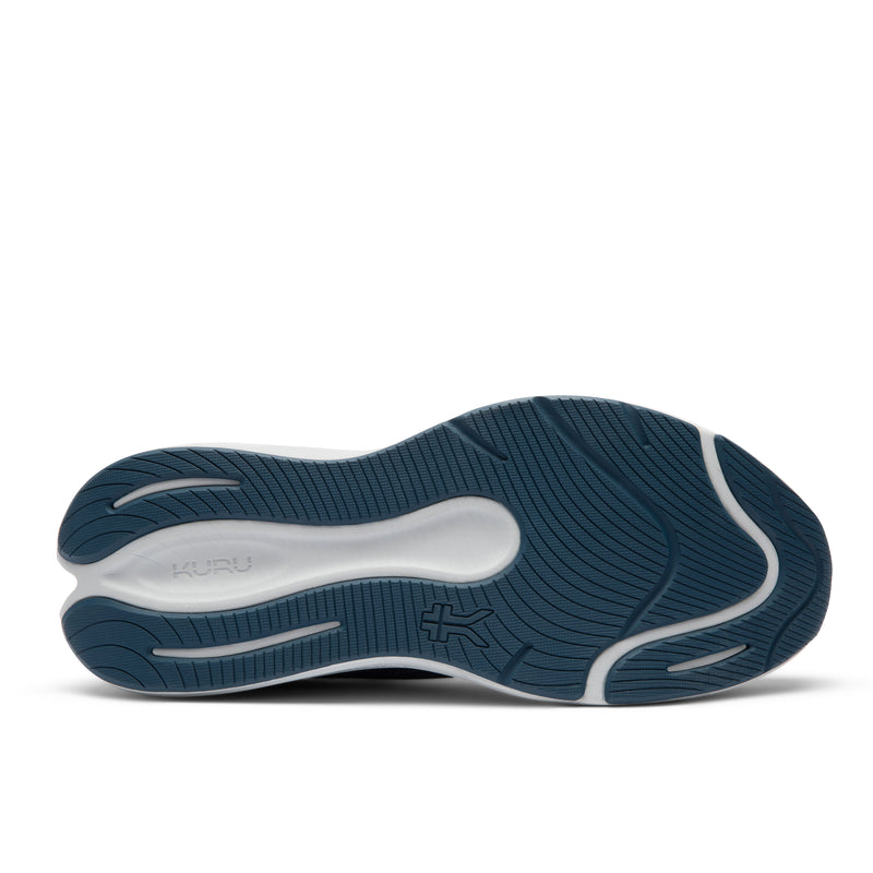 Outsole view of the KURU ATOM 2 Slip-On Men's Slip-On Sneaker in Mountain Blue-Dove Gray, showing the KURUSOLE tread.
