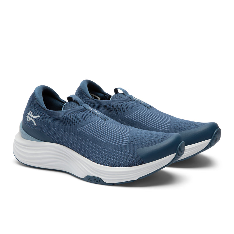 Pair of KURU ATOM 2 Slip-On Men's Slip-On Sneaker in Mountain Blue-Dove Gray, angled view.