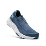 Angled profile view of the KURU ATOM 2 Slip-On Men's Slip-On Sneaker in Mountain Blue-Dove Gray.