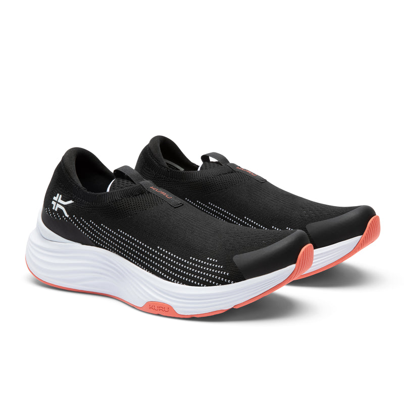 Pair of KURU ATOM 2 Slip-On Women's Slip-On Sneaker in Jet Black-Dark Coral, angled view.