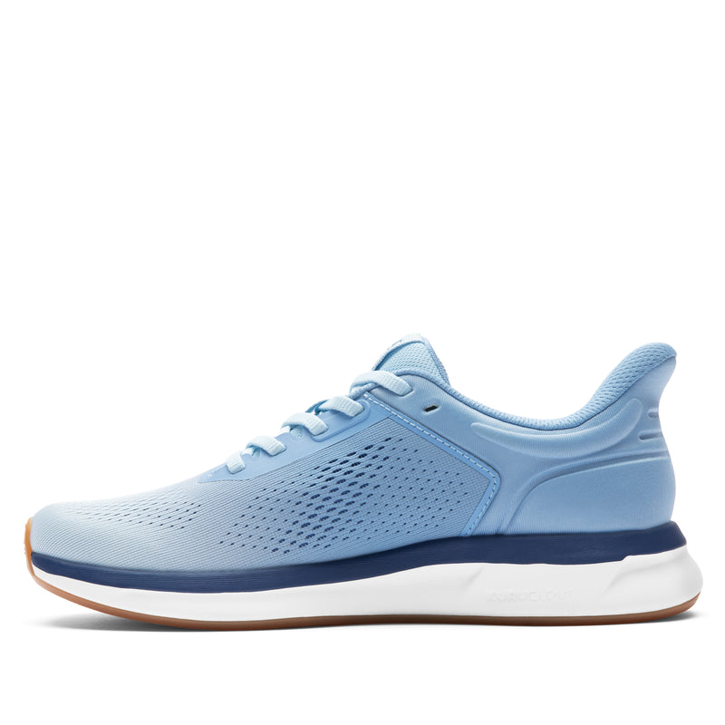 Inner side view of the KURU ATOM Fusion Women's Sneaker in Mist Blue-Twilight Purple.