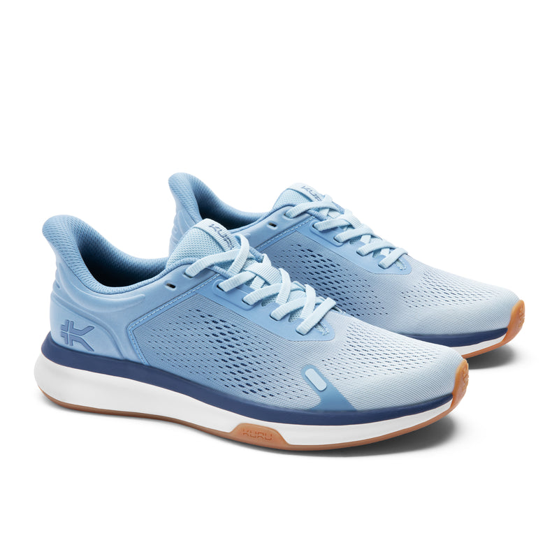 Pair of KURU ATOM Fusion Women's Sneaker in Mist Blue-Twilight Purple, angled view.