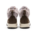 Back heel view of the KURU ATOM Lumi Women's Sneaker in Burnt Olive-Sand.