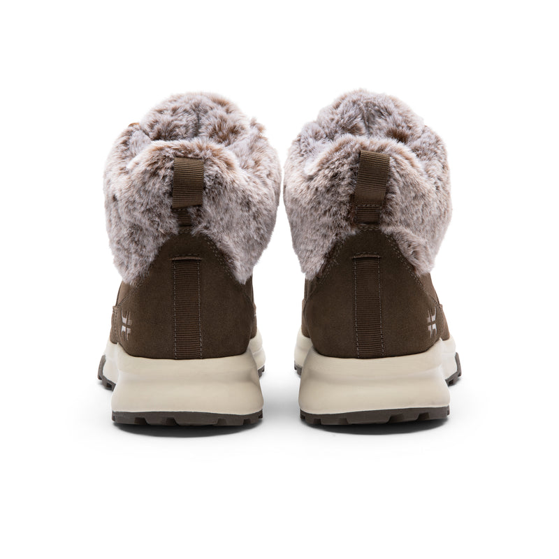 Back heel view of the KURU ATOM Lumi Women's Sneaker in Burnt Olive-Sand.