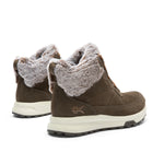 Close-up of the heel cup on the KURU ATOM Lumi Women's Sneaker in Burnt Olive-Sand.