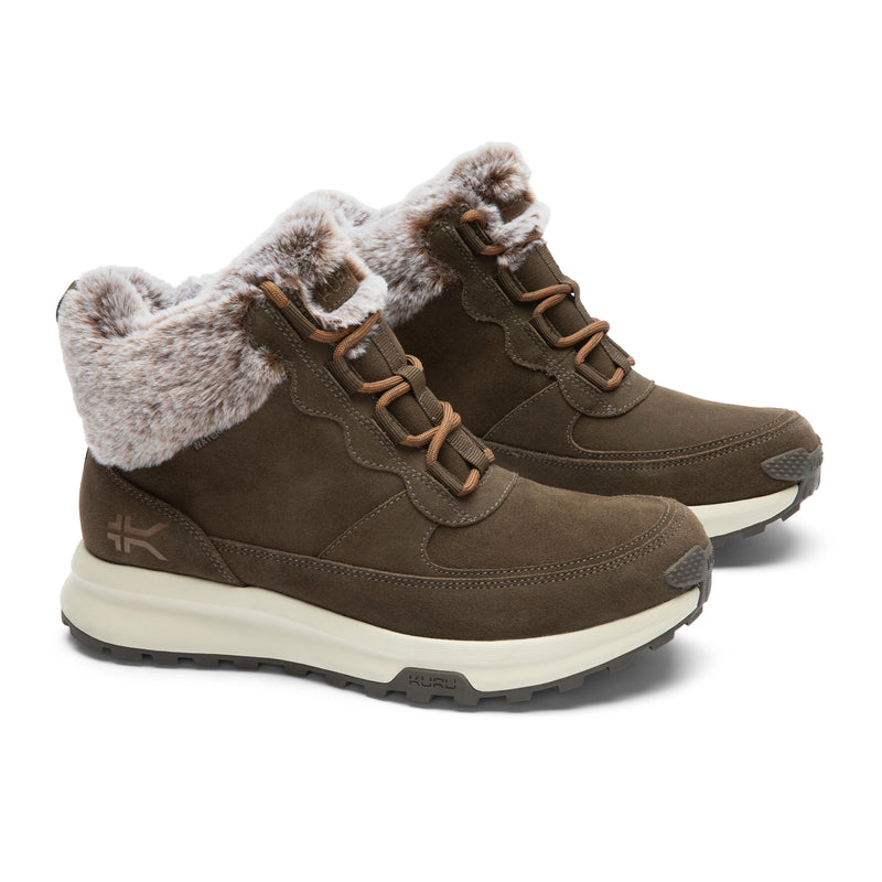 Pair of KURU ATOM Lumi Women's Sneaker in Burnt Olive-Sand, angled view.