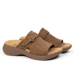 Pair of KURU CODA Aika Women's Sandal in Molasses Brown, angled view.