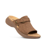 Angled profile view of the KURU CODA Aika Women's Sandal in Molasses Brown.