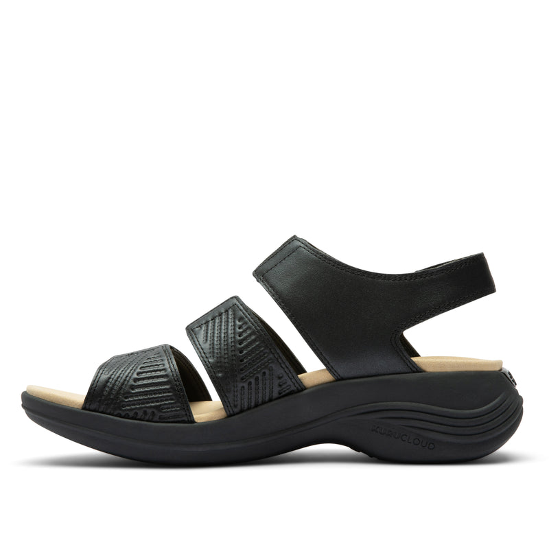 Inner side view of the KURU CODA Muse Women's Sandal in Jet Black-Emboss.