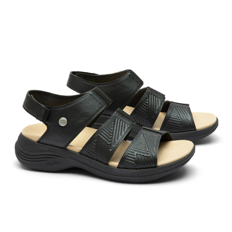 Pair of KURU CODA Muse Women's Sandal in Jet Black-Emboss, angled view.