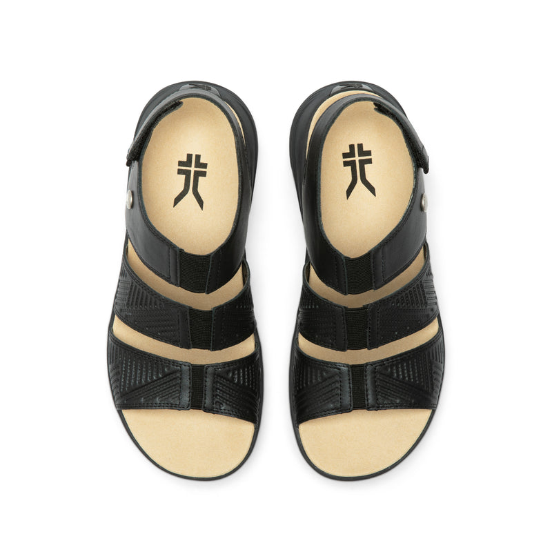 Top-down view of the KURU CODA Muse Women's Sandal in Jet Black-Emboss.