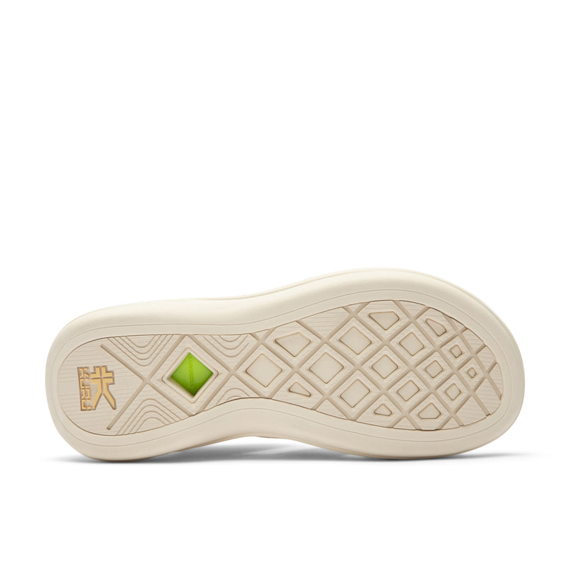 Outsole view of the KURU CODA Muse Women's Sandal in Pineapple Splash, showing the KURUSOLE tread.