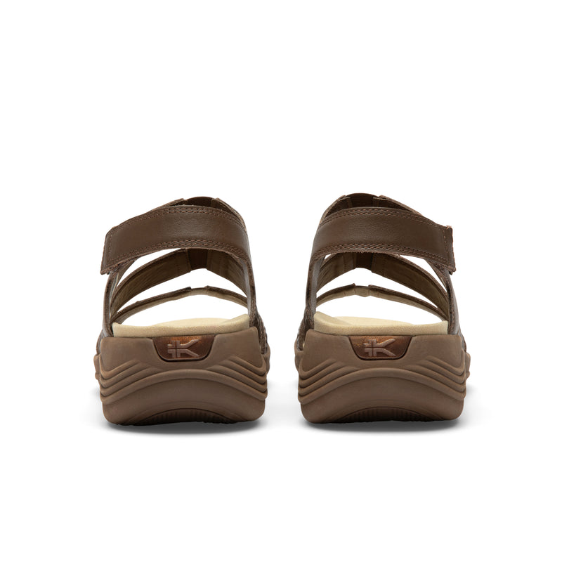 Back heel view of the KURU CODA Muse Women's Sandal in Molasses Brown.