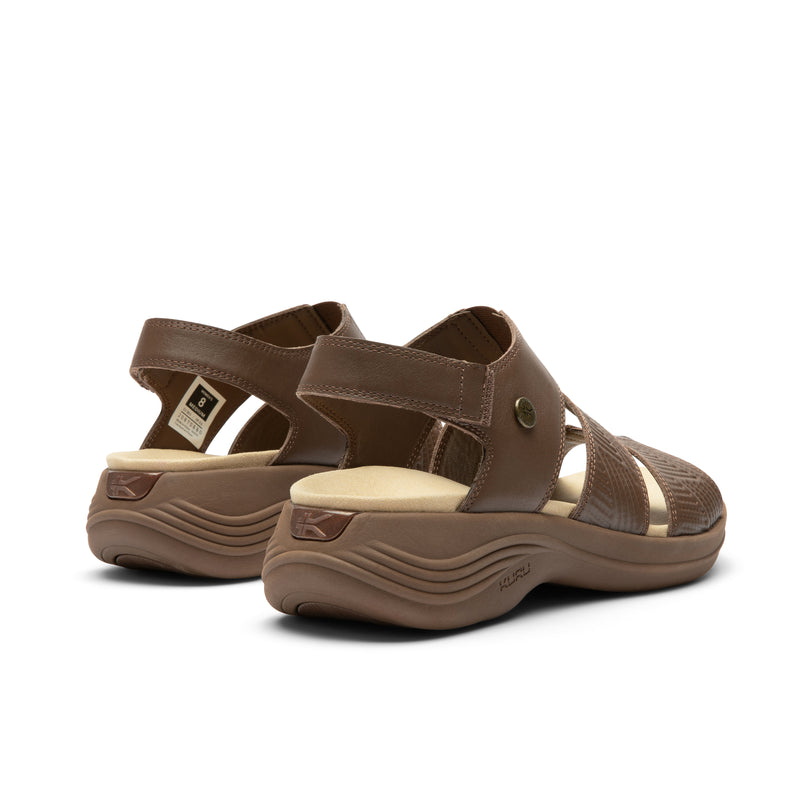 Close-up of the heel cup on the KURU CODA Muse Women's Sandal in Molasses Brown.