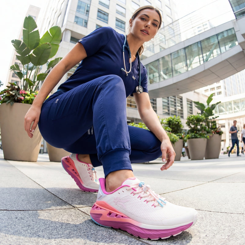 Angled profile view of the KURU CURA Unisex Shoe in Pearl-Fuchsia.