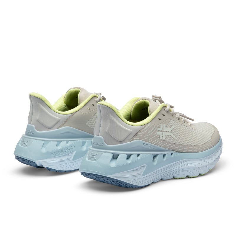 Close-up of the heel cup on the KURU CURA Unisex Shoe in Almond-Mist Blue.