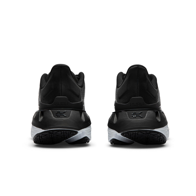Back heel view of the KURU CURA Unisex Shoe in Jet Black-Storm Gray.