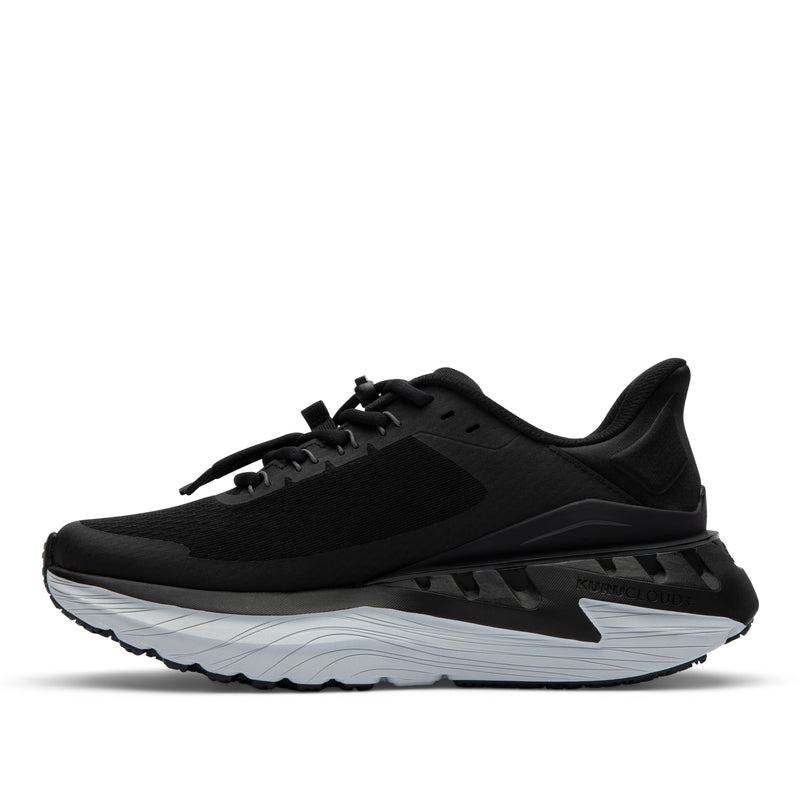 Inner side view of the KURU CURA Unisex Shoe in Jet Black-Storm Gray.