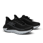 Pair of KURU CURA Unisex Shoe in Jet Black-Storm Gray, angled view.