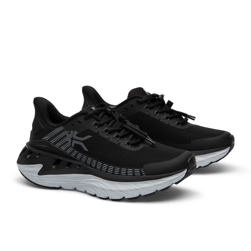 Pair of KURU CURA Unisex Shoe in Jet Black-Storm Gray, angled view.