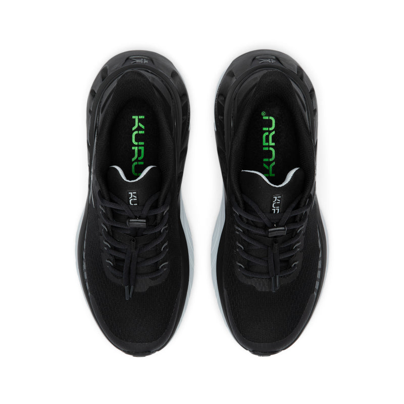 Top-down view of the KURU CURA Unisex Shoe in Jet Black-Storm Gray.