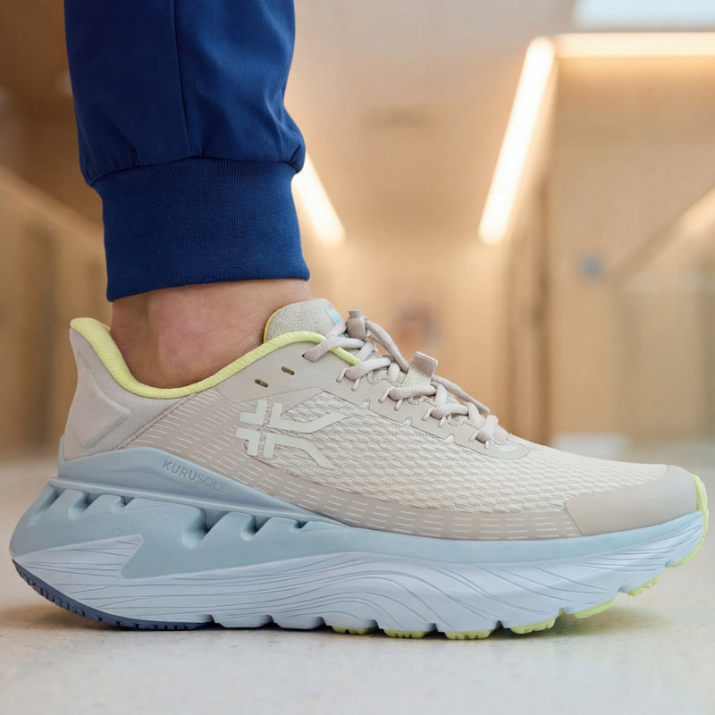 Pair of KURU CURA Unisex Shoe in Almond-Mist Blue, angled view.