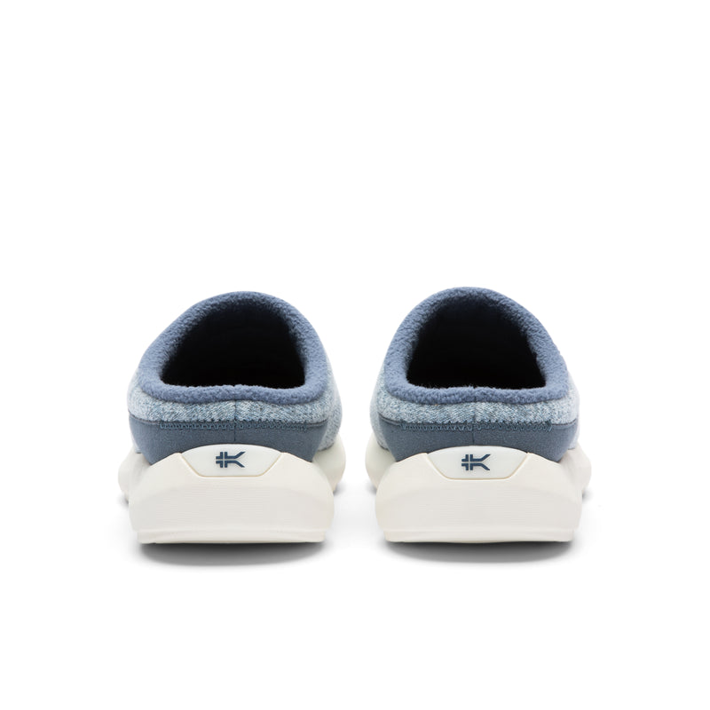 Back heel view of the KURU DRAFT 2 Women's Slipper in Mineral Blue-Pearl White.