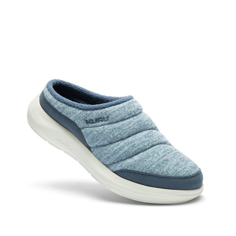 Angled profile view of the KURU DRAFT 2 Women's Slipper in Mineral Blue-Pearl White.