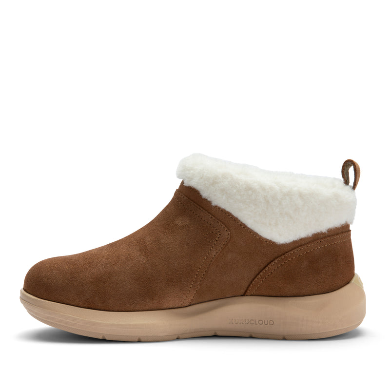 Inner side view of the KURU DRAFT Lahti Women's Slipper in Chestnut Brown.