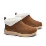 Pair of KURU DRAFT Lahti Women's Slipper in Chestnut Brown, angled view.