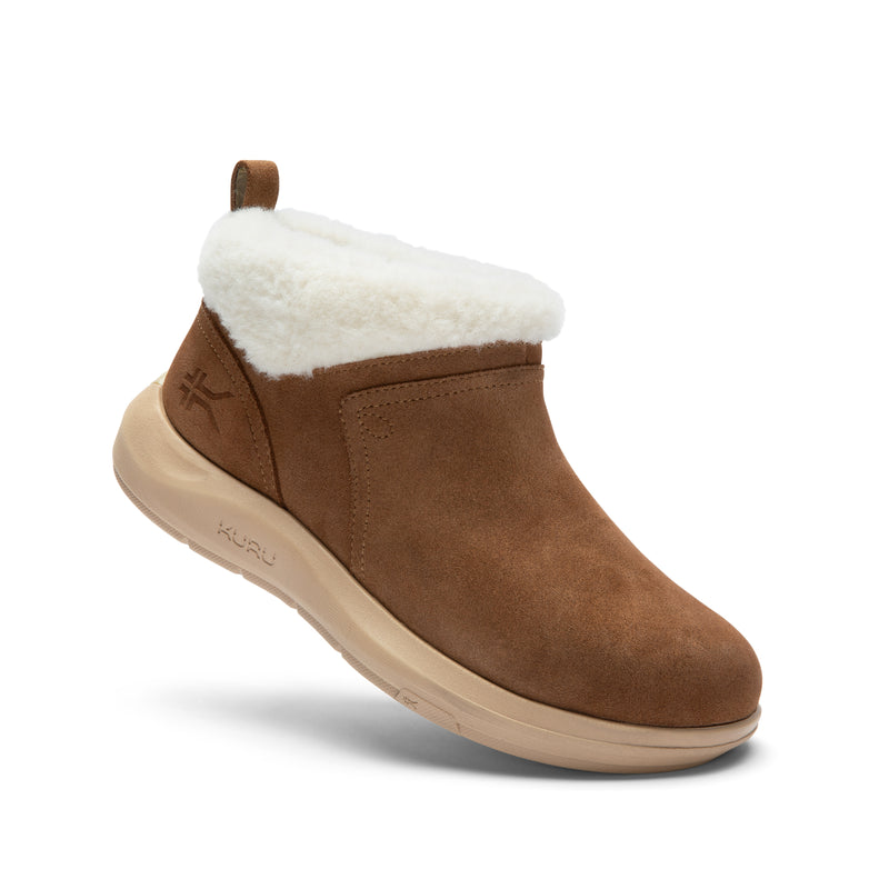 Angled profile view of the KURU DRAFT Lahti Women's Slipper in Chestnut Brown.