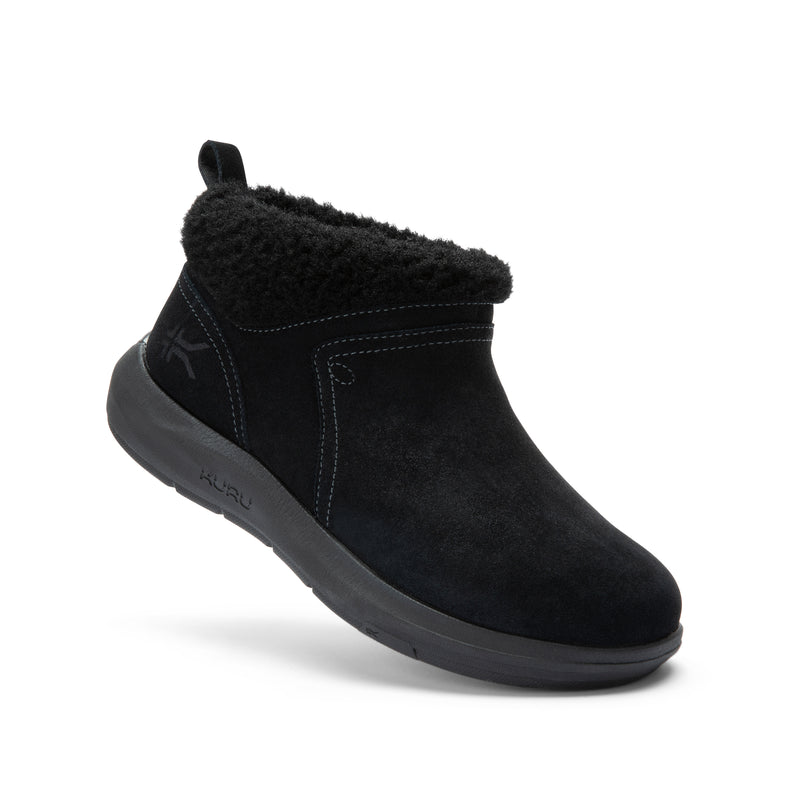 Angled profile view of the KURU DRAFT Lahti Women's Slipper in Jet Black.