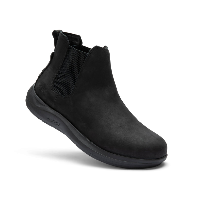 Angled profile view of the KURU DRAFT Salo Men's Slipper in Jet Black.