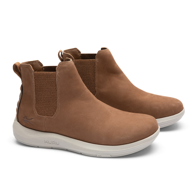 Pair of KURU DRAFT Salo Men's Slipper in Tobacco Brown, angled view.