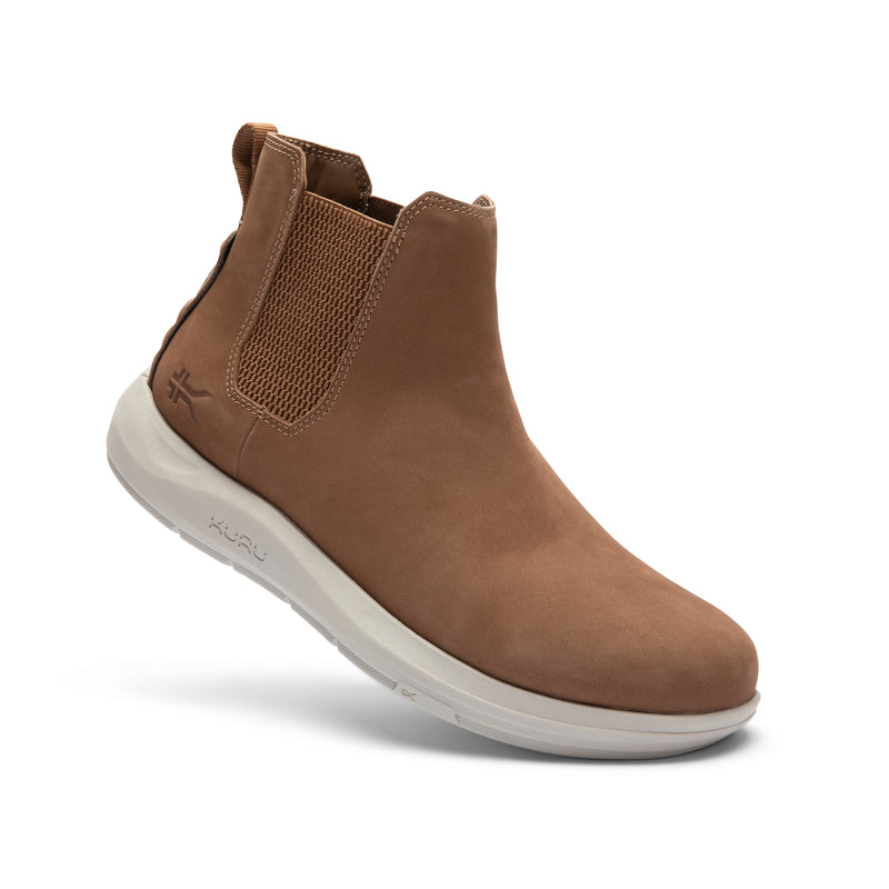 Angled profile view of the KURU DRAFT Salo Men's Slipper in Tobacco Brown.