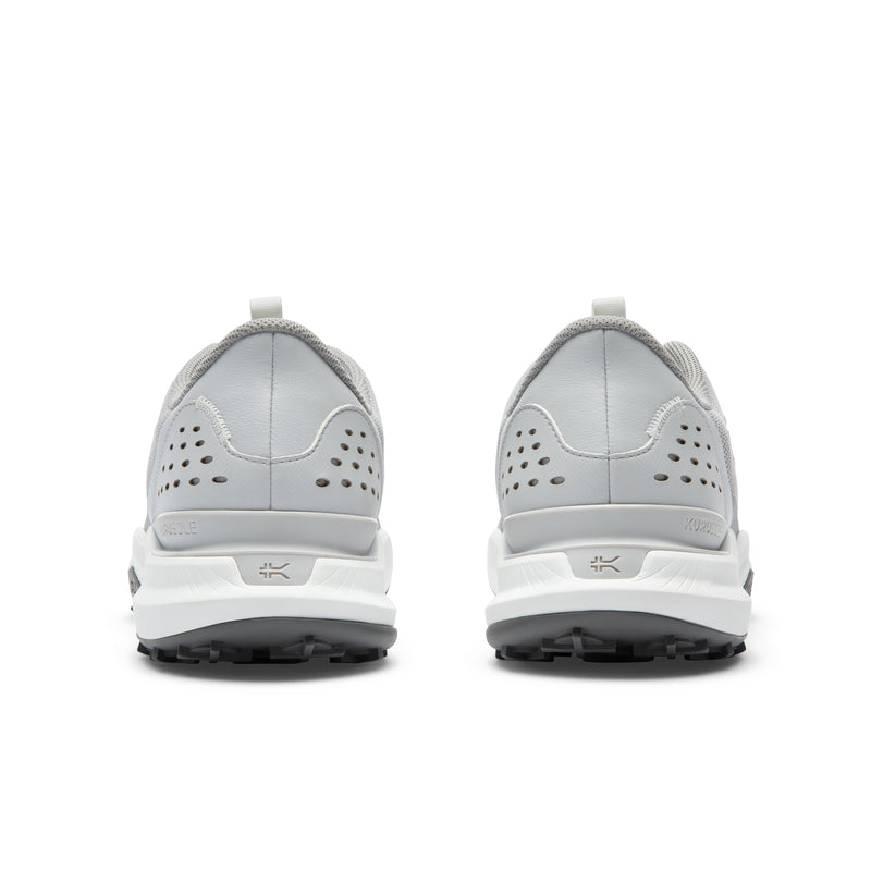 Back heel view of the KURU DRIVE Golf Unisex Golf Shoe in Dove Gray-Bright White.