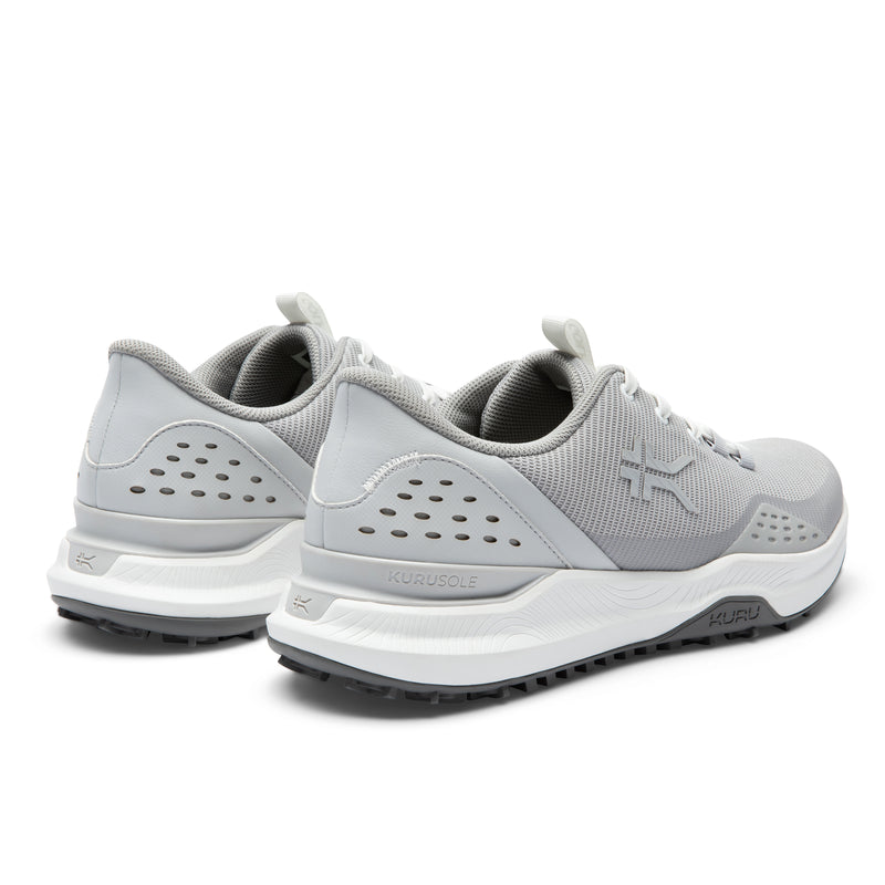 Close-up of the heel cup on the KURU DRIVE Golf Unisex Golf Shoe in Dove Gray-Bright White.